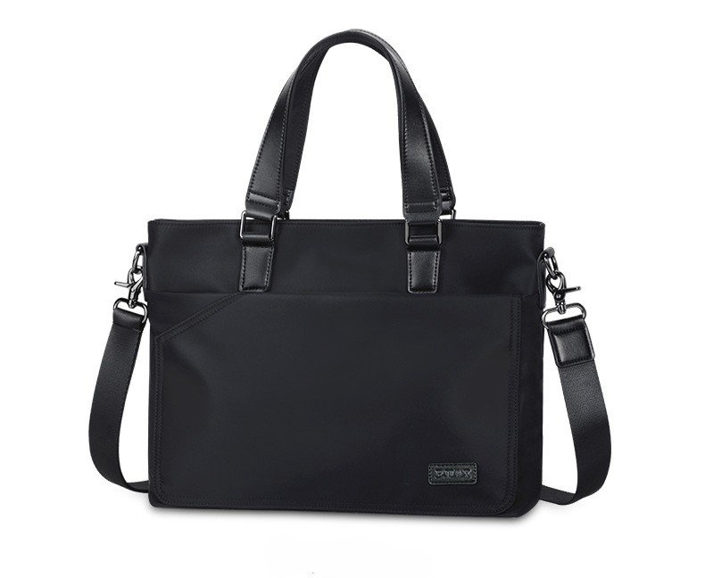 front view of briefcase with dual leather-trimmed handles