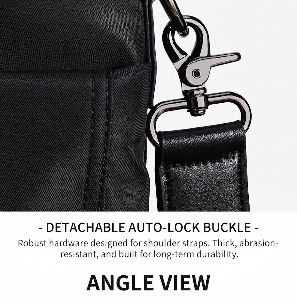 close-up angled view of detachable auto-lock buckle