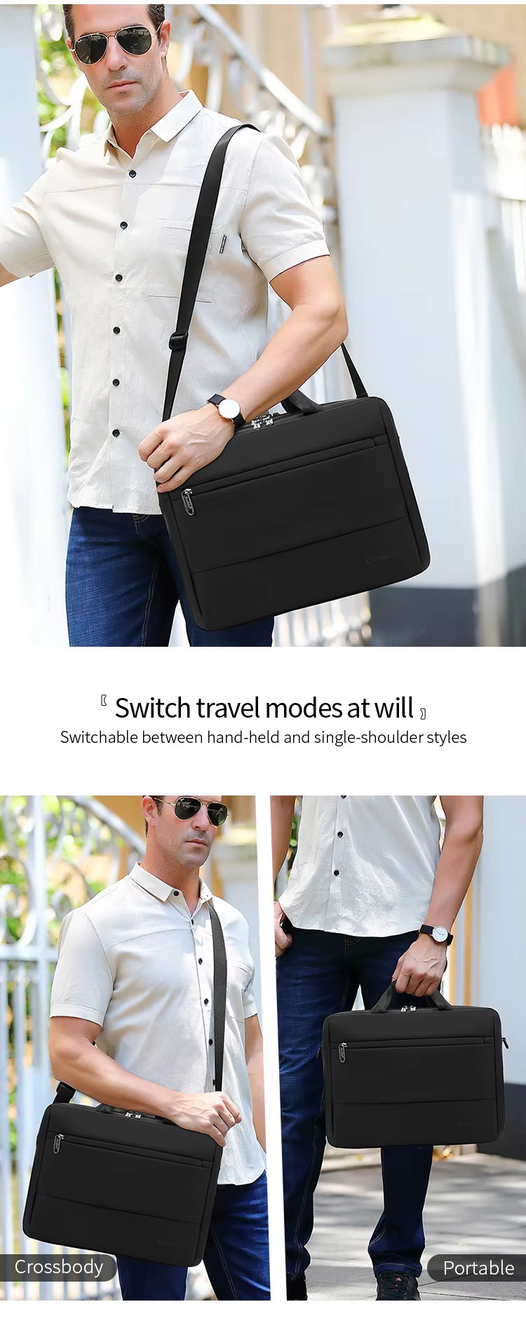 worn crossbody over white outerwear on city street