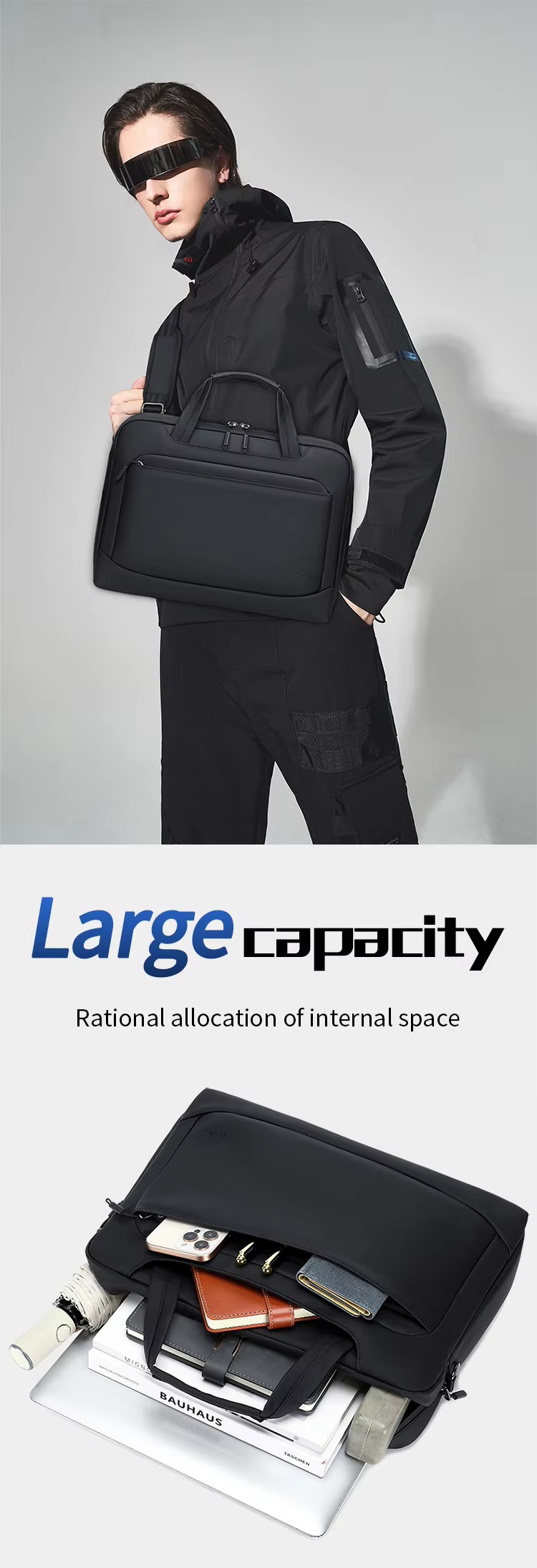 worn crossbody over black jacket showing large capacity