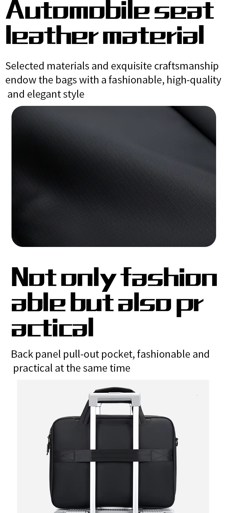 automobile-seat-style textured fabric close-up and back panel pull-out trolley pocket