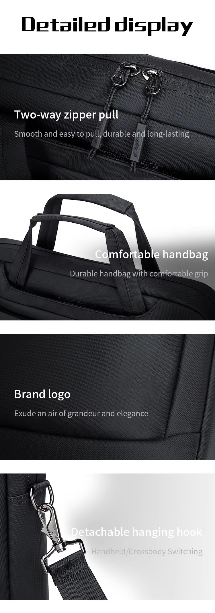 two-way zipper pull, handbag grip and detachable hanging hook close-ups
