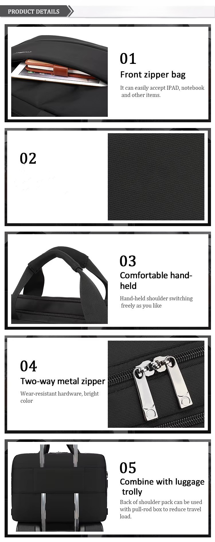 front zipper pocket holding phone notebook wallet and pen