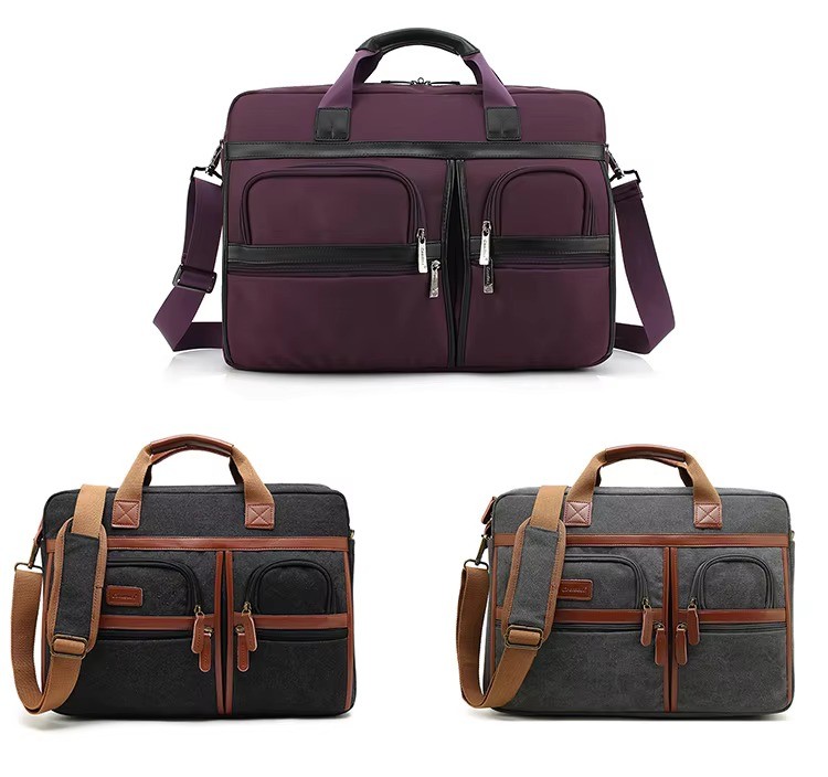 purple nylon and canvas black and gray colorway front views