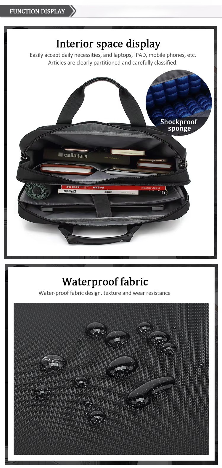 shockproof sponge interior and waterproof fabric close-up