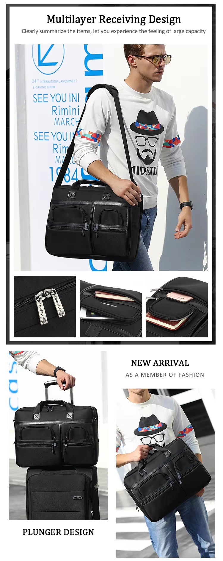 worn crossbody multilayer receiving design with hook, tablet and phone pocket close-ups