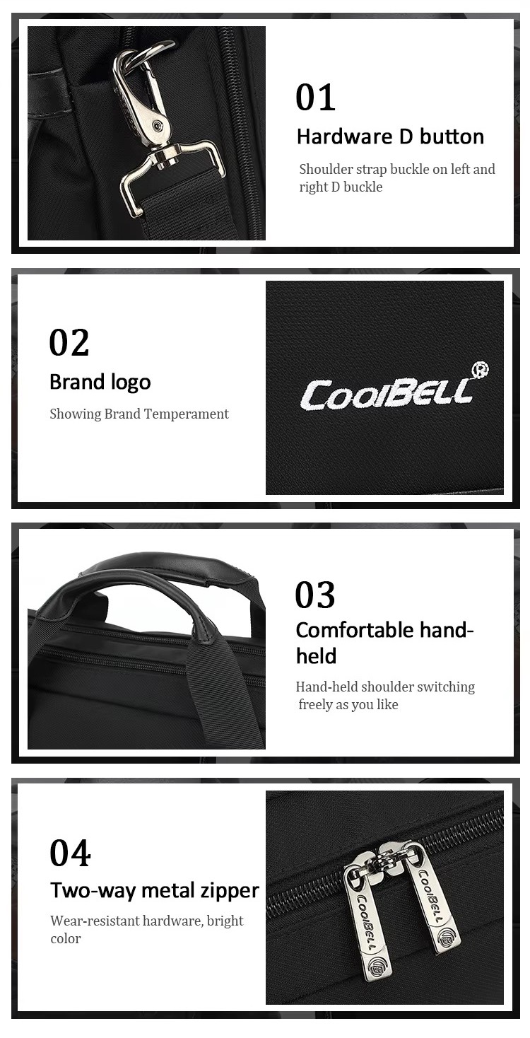 hardware D-buckle hook and brand logo patch close-ups