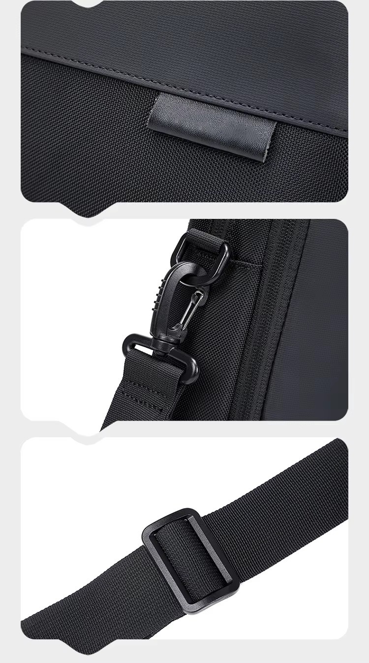 handle stitching, zipper pull, D-hook and strap buckle close-ups