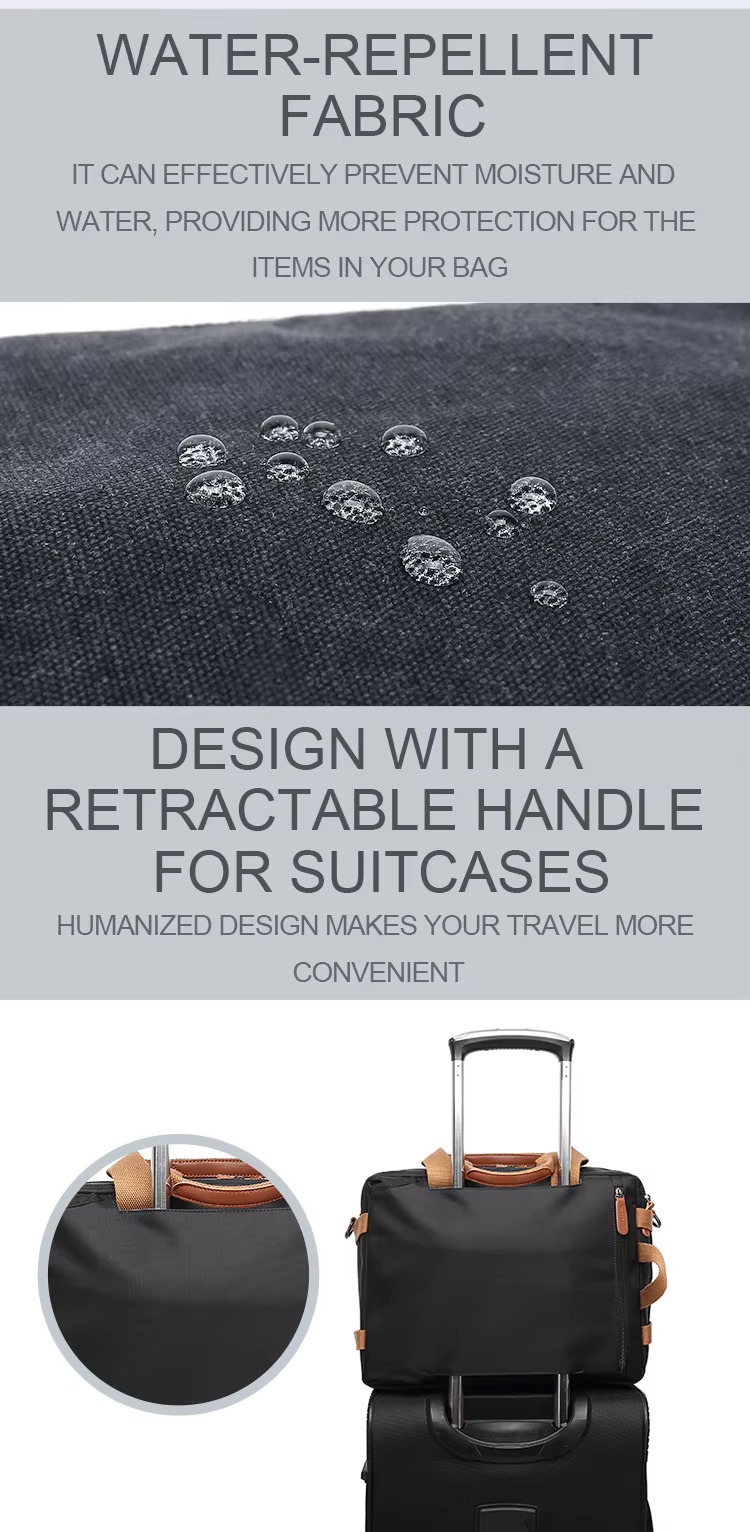 close-up of water-repellent fabric with beaded water droplets and the retractable trolley strap