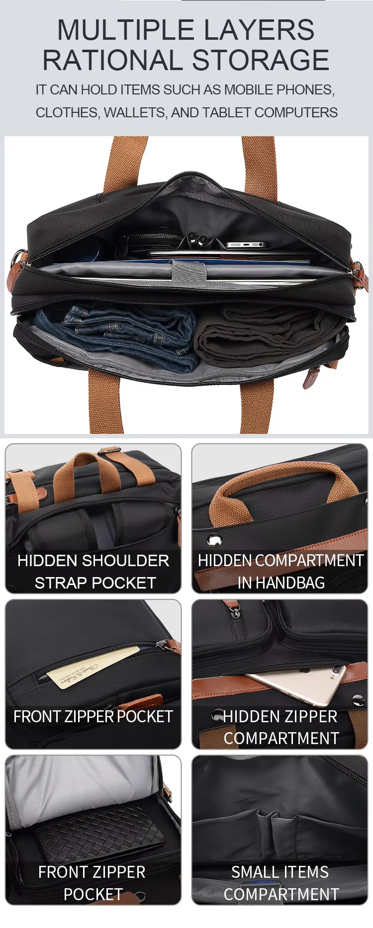 interior main compartment packed with phone, tablet, and folded clothing
