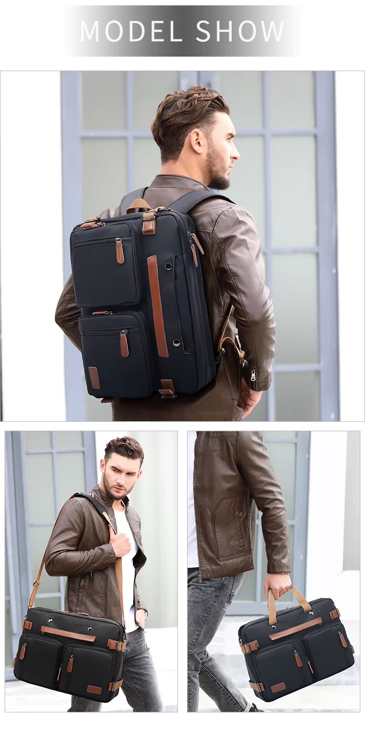 model carrying the bag as a backpack, over one shoulder, and by hand