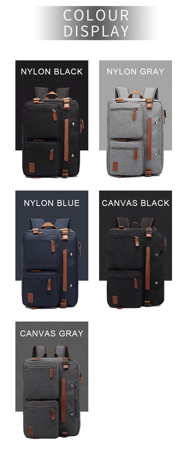 five nylon and canvas color options shown side by side