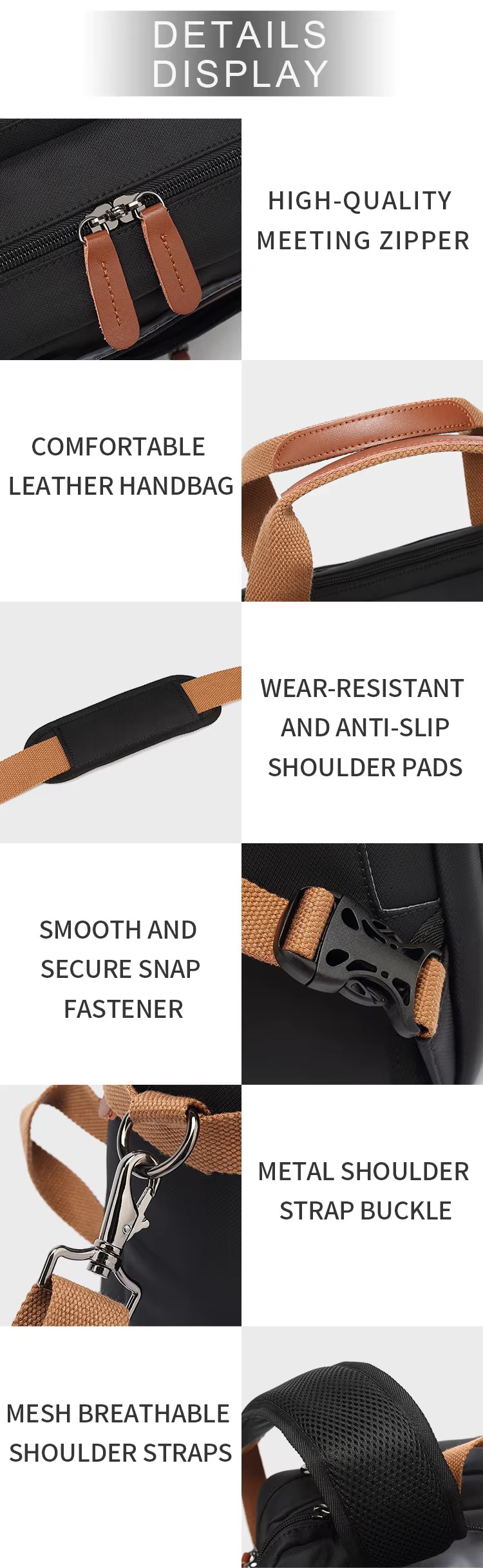 close-up details of the zipper pull, leather handle, shoulder pad, buckle, and D-ring hardware
