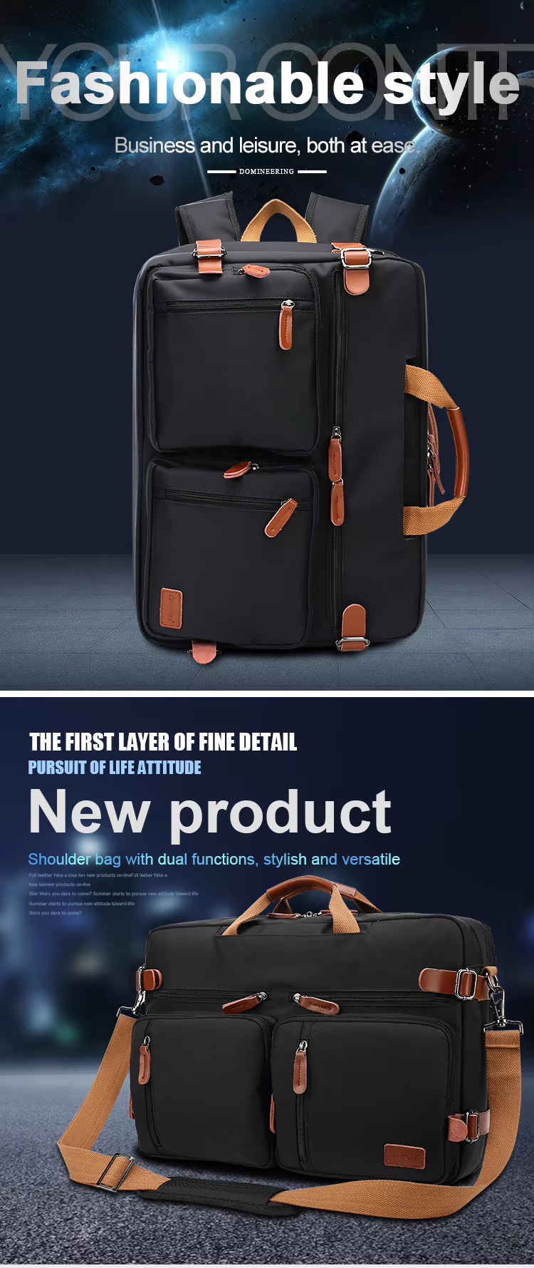 banner showing the bag as a backpack and as a hand-carried briefcase
