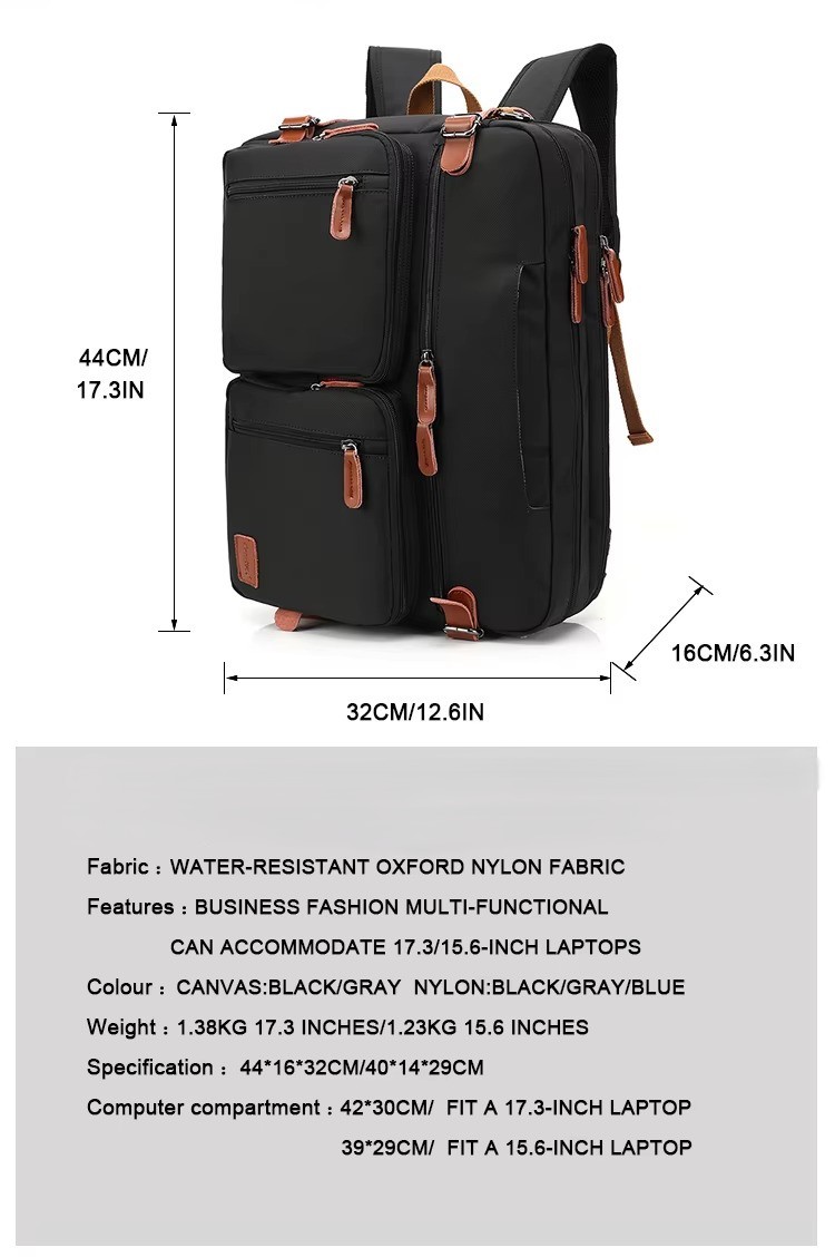dimensions, material, and weight spec chart with a side view of the backpack