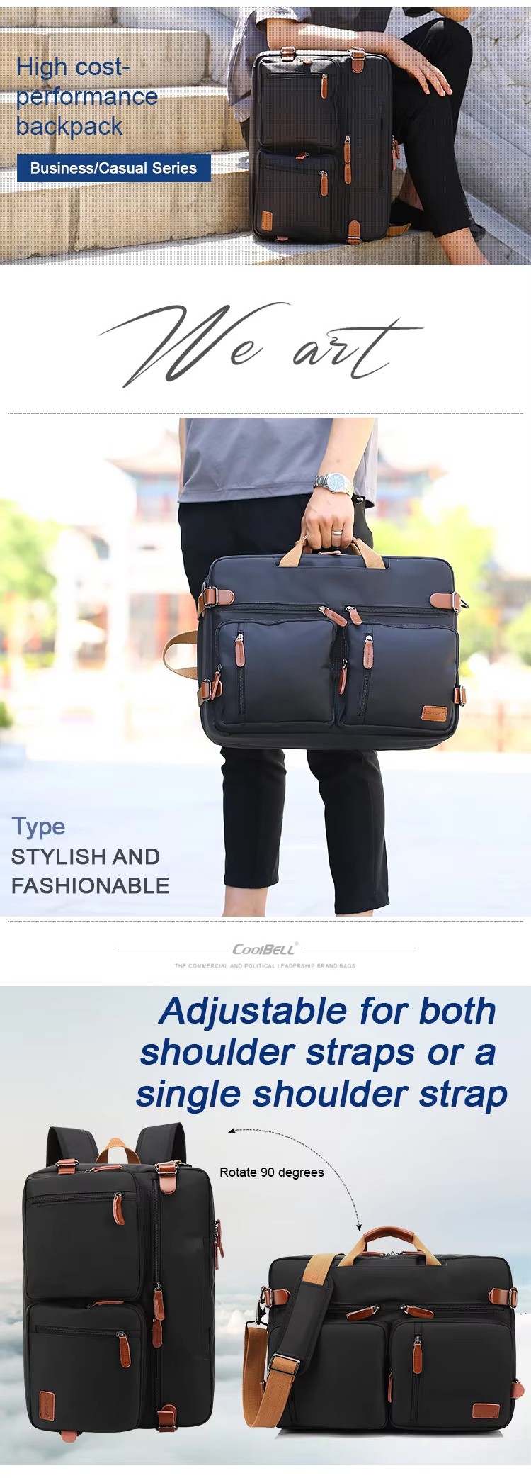 model sitting on outdoor steps holding the bag as a briefcase