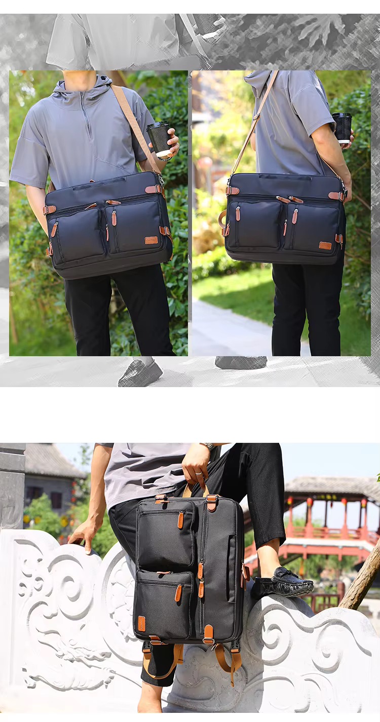 model wearing the bag as a backpack and carrying it crossbody outdoors