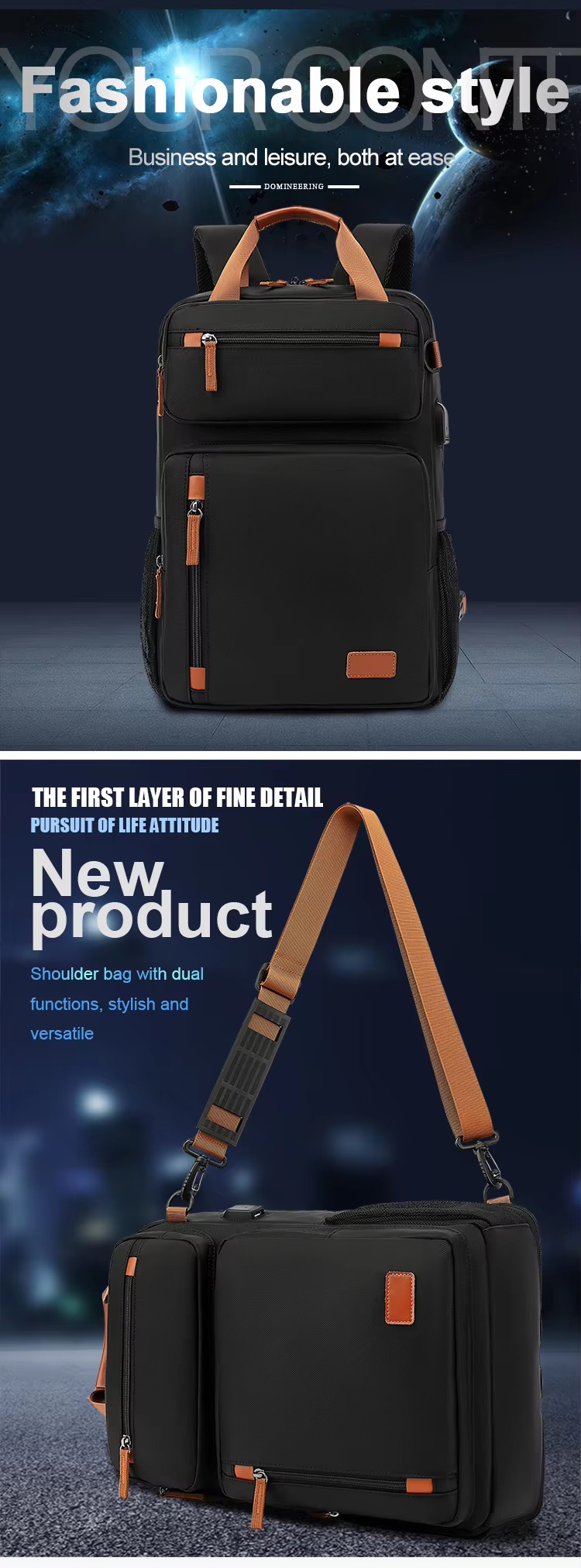 banner showing the black backpack from the front, plus a briefcase-style shot with a shoulder strap