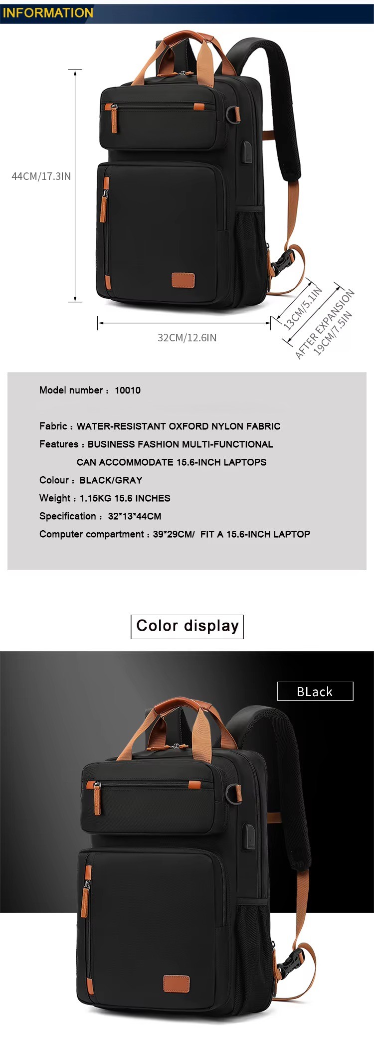 dimensions, model number, material, weight, and color spec chart