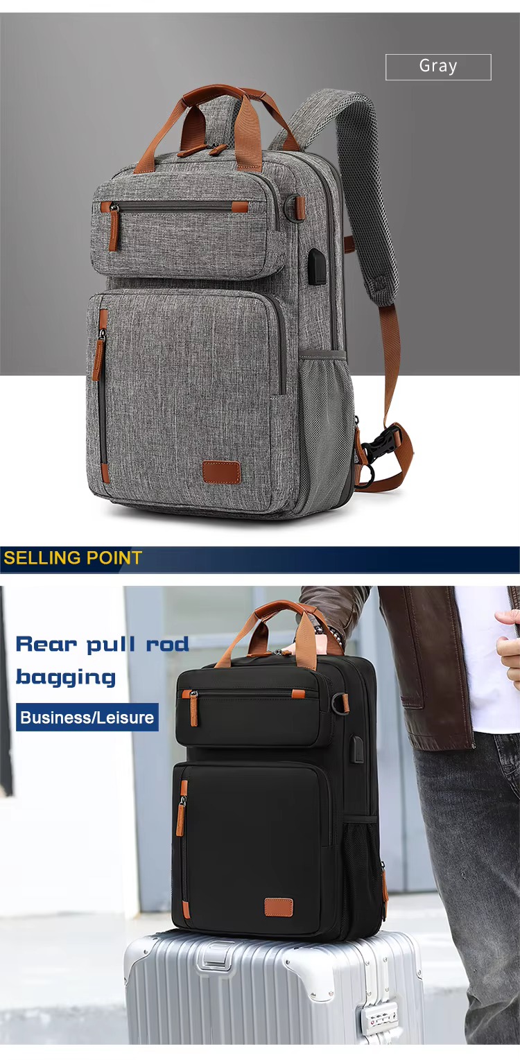 gray backpack shown from the front with the USB port and side mesh pocket visible