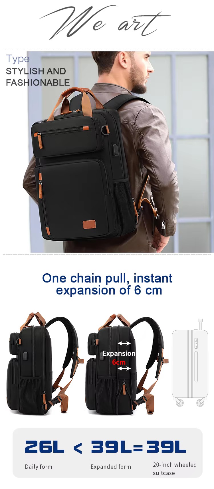 rear view of the backpack with a chest buckle strap, plus a close-up of the scratch-resistant fabric