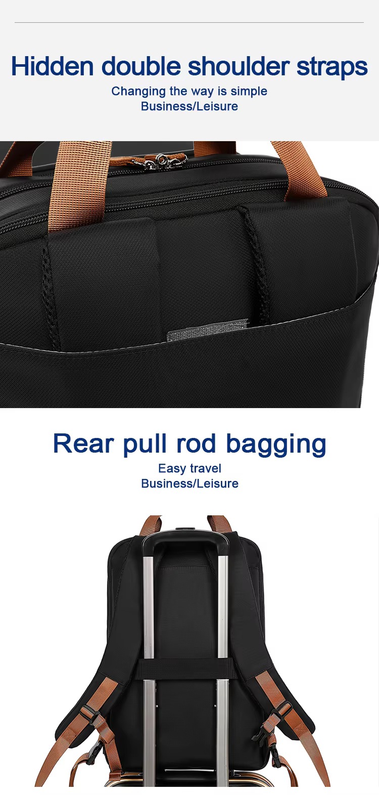 close-up of the hidden double shoulder straps, plus the rear trolley sleeve over a suitcase handle