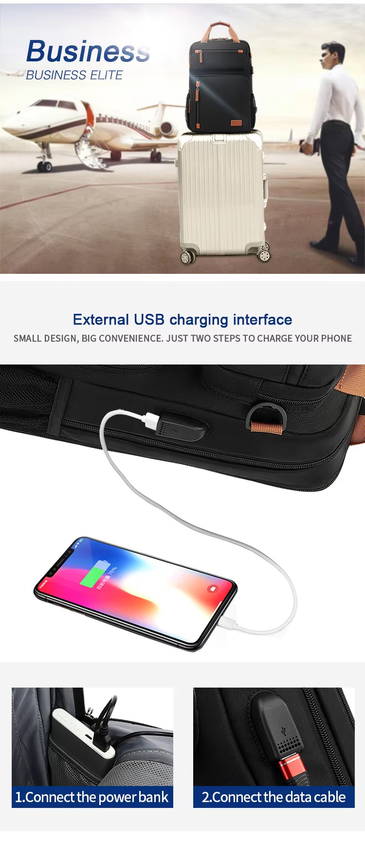the bag stacked on a rolling suitcase at an airport, plus step-by-step photos of connecting a power bank to the USB port to charge a phone