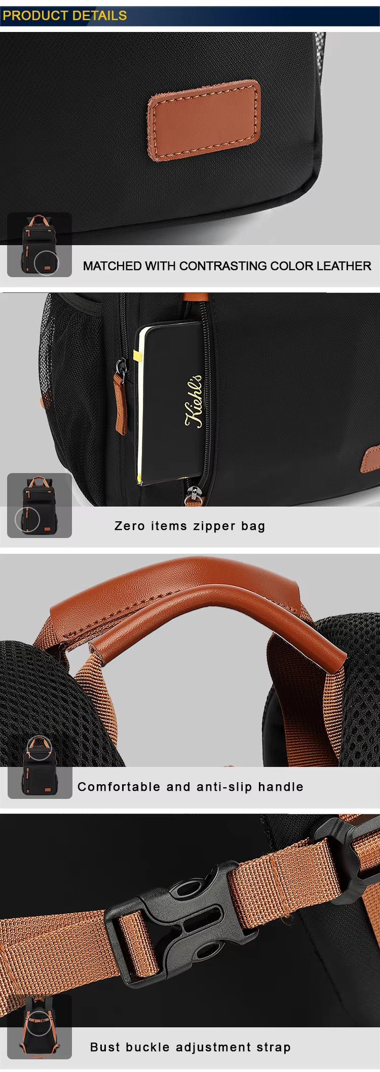 close-up of the leather logo patch, a notebook in the front zip pocket, and the padded anti-slip handle