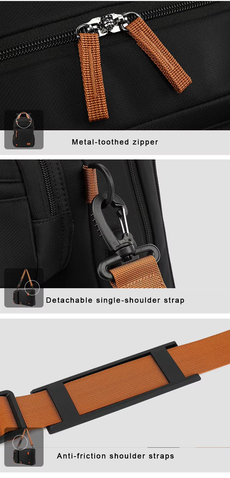 close-up of the metal-toothed zipper, the detachable single-shoulder strap clip, and the anti-friction shoulder pad