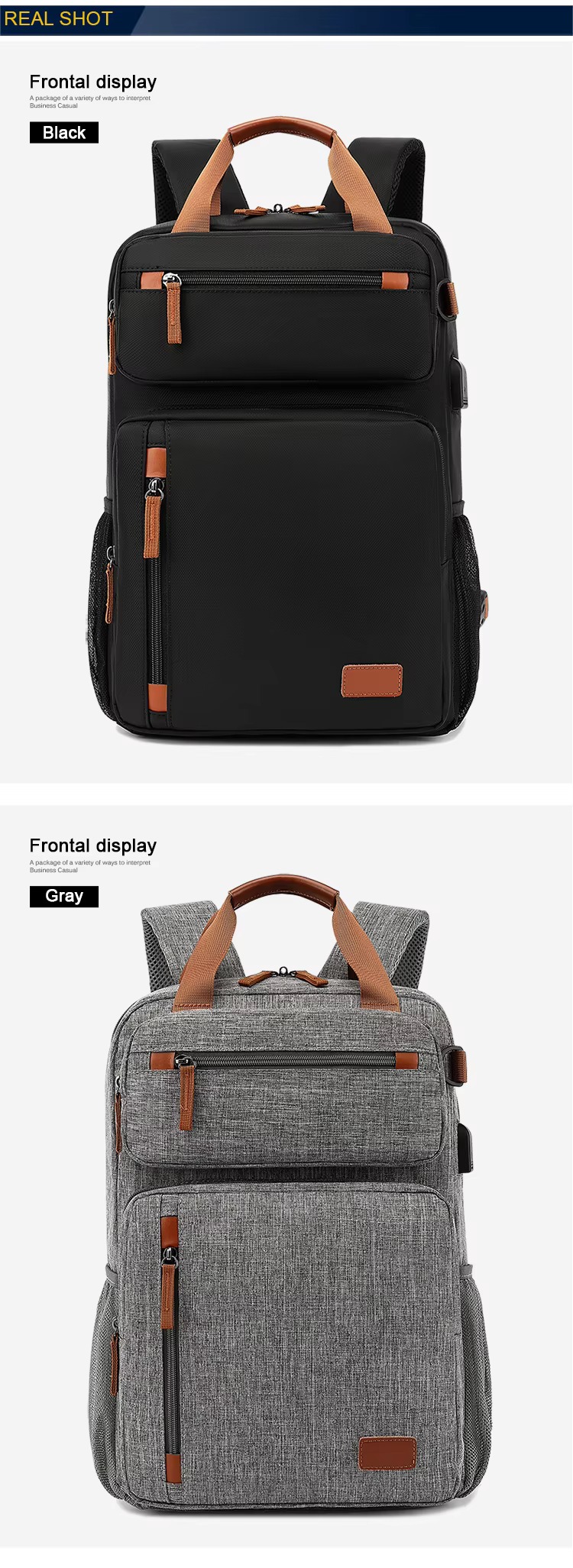 real-shot front view of the bag in black and in gray