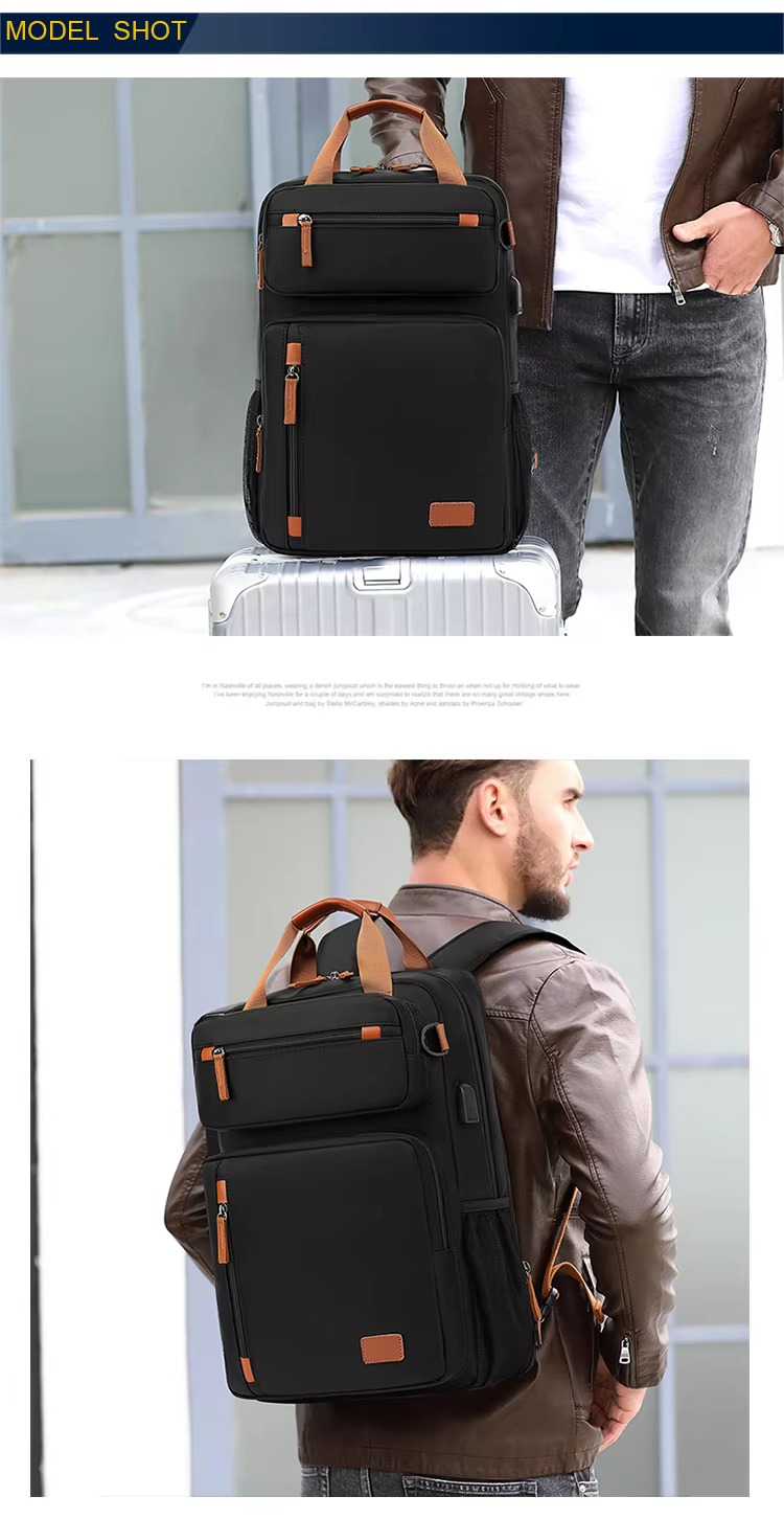 model carrying the bag by hand next to a suitcase, and wearing it as a backpack