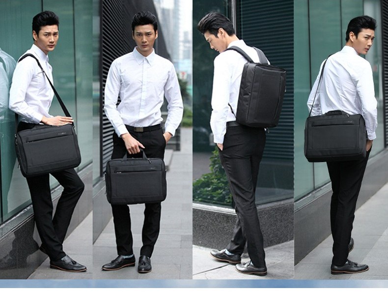four model shots showing the bag worn as a briefcase, hand-carried, and as a backpack