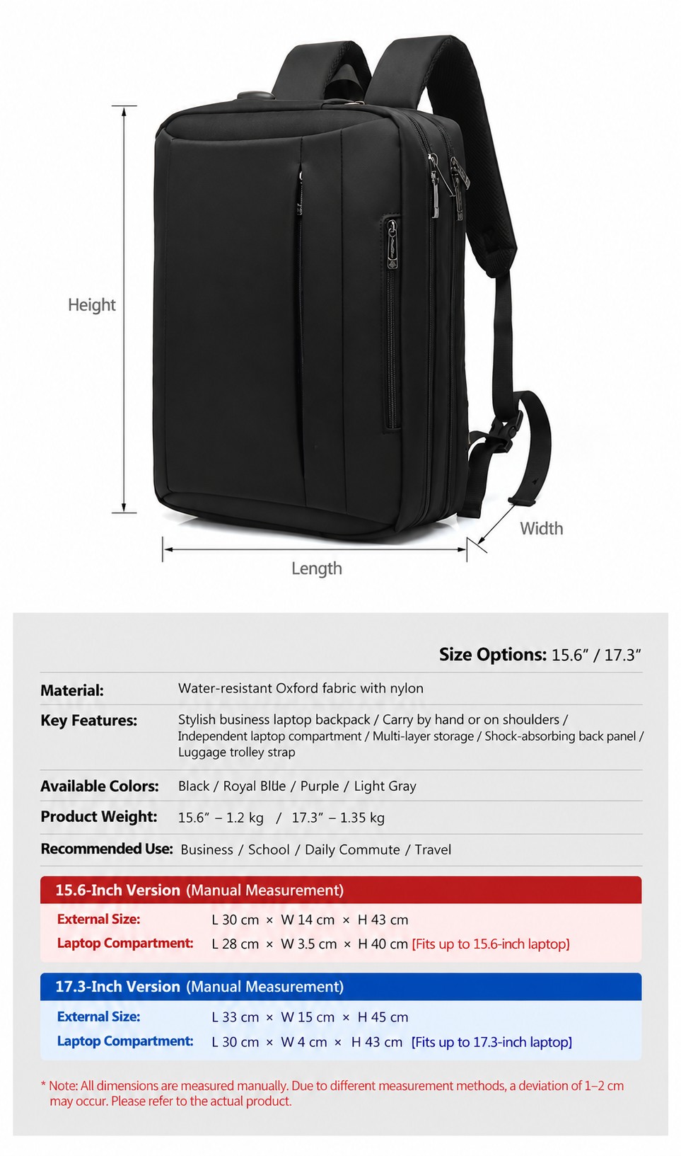 dimensions, material, weight, and color spec chart for the 15.6 and 17.3 inch versions