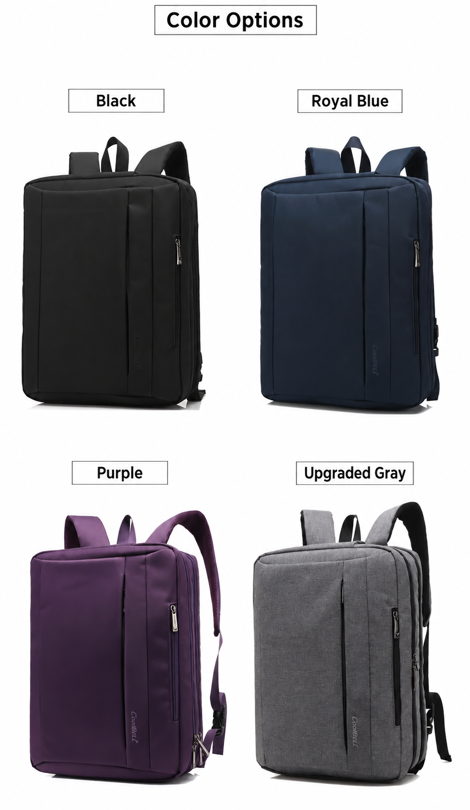 four solid color options: black, royal blue, purple, and light gray