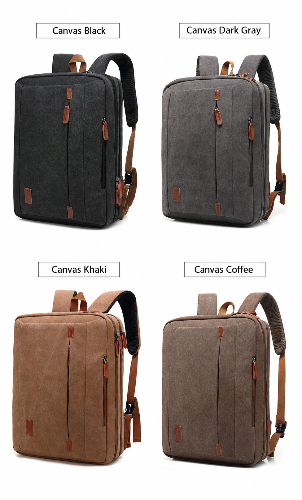 four canvas color options: black, dark gray, khaki, and coffee