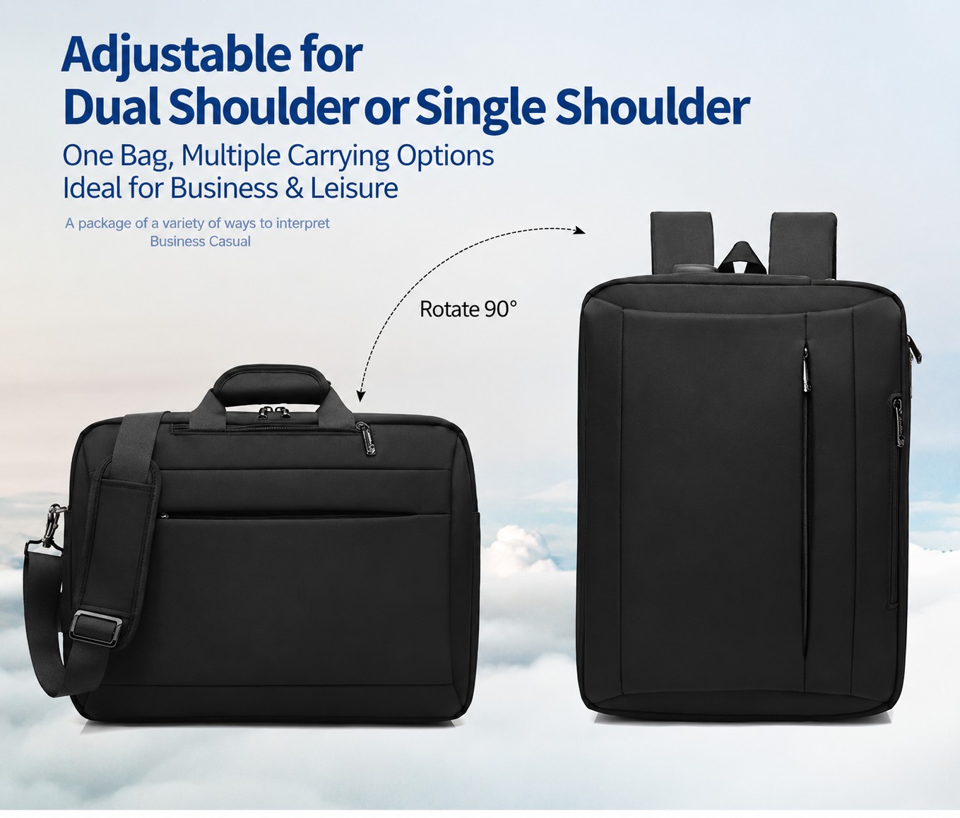 bag shown converting between briefcase and backpack by rotating 90 degrees