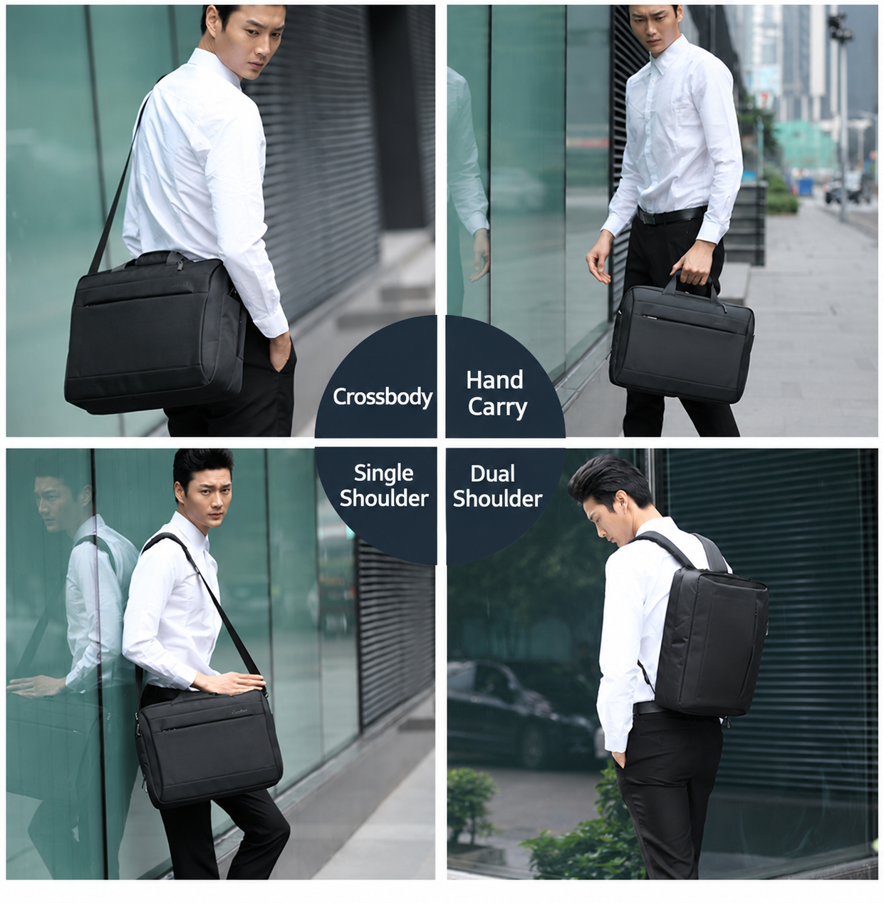 four carry styles shown side by side: crossbody, hand carry, single shoulder, and dual shoulder
