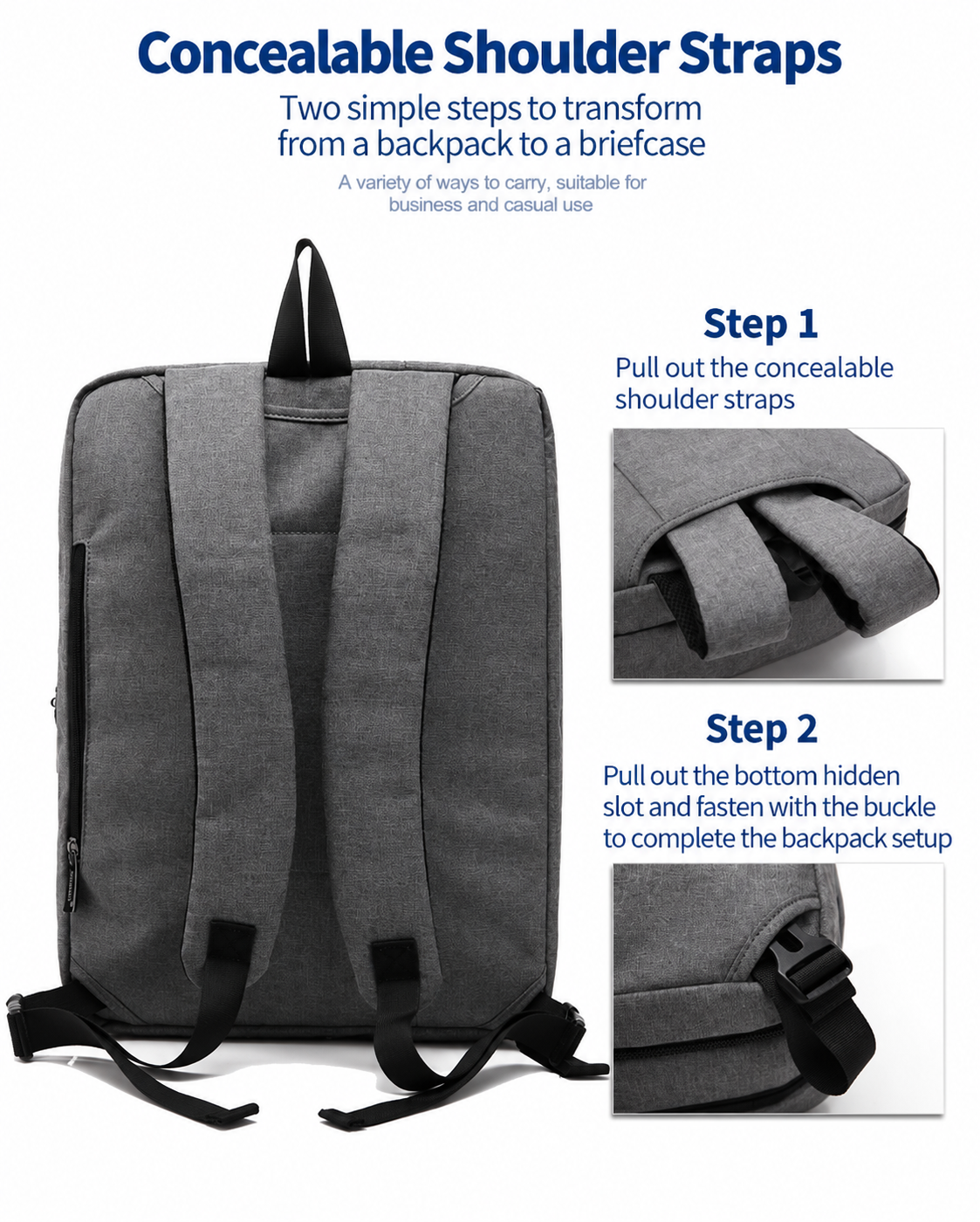 step-by-step photos of pulling out the concealable shoulder straps and fastening the buckle