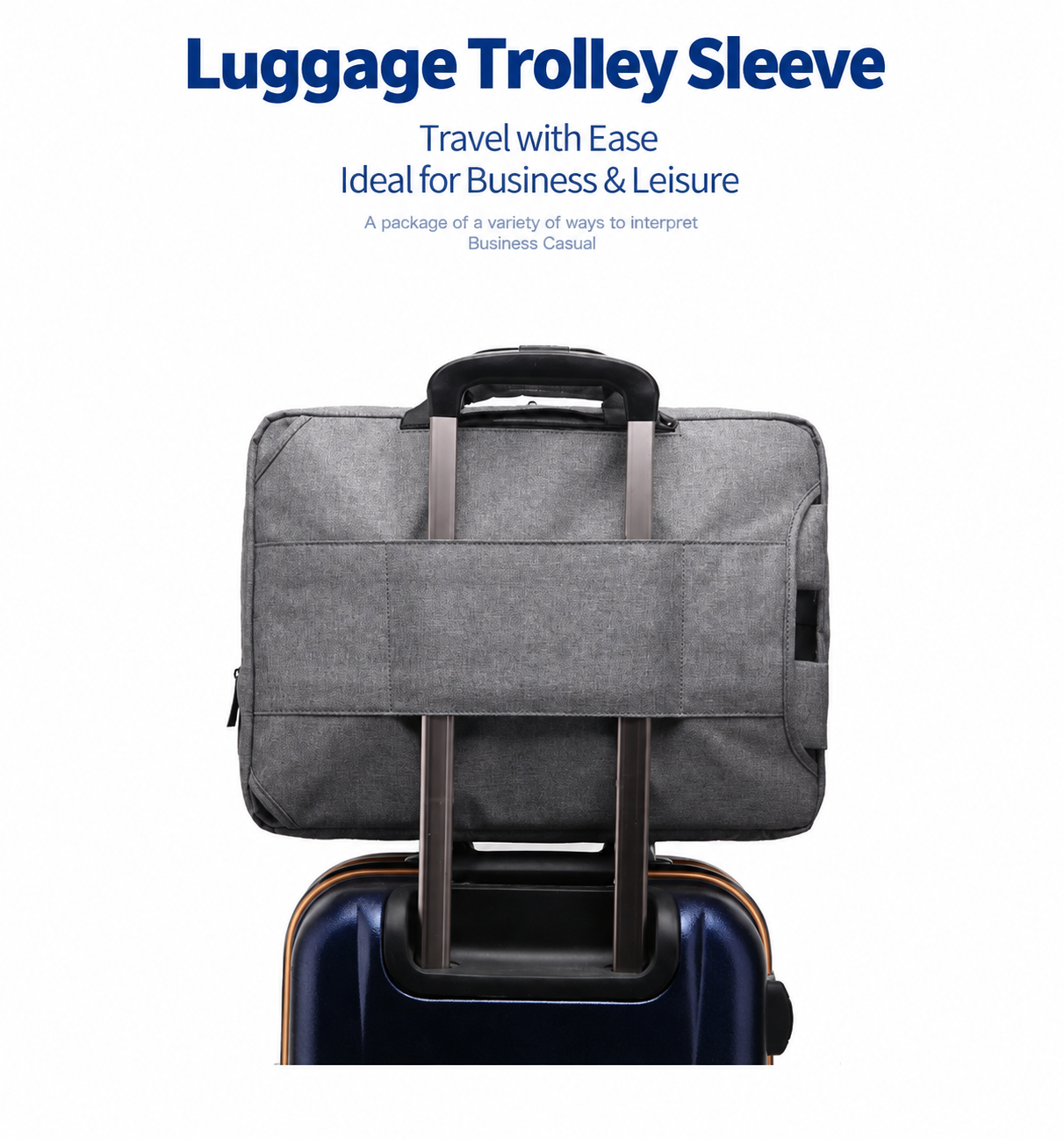 bag strapped to a rolling suitcase handle using the rear trolley sleeve