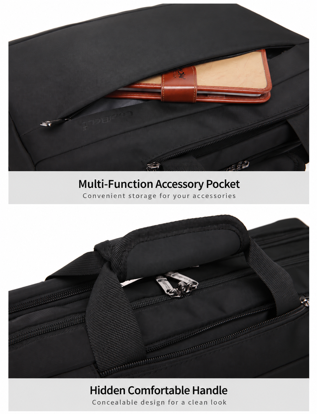 close-up of the hidden top carry handle and metal zipper pulls