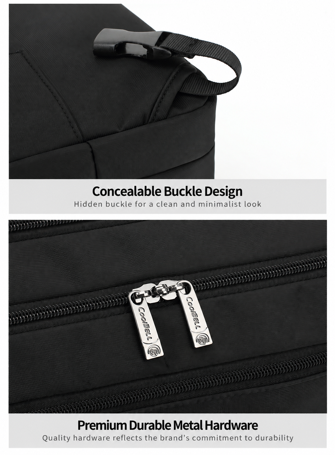 close-up of the concealable buckle and CoolBell-branded metal zipper pulls