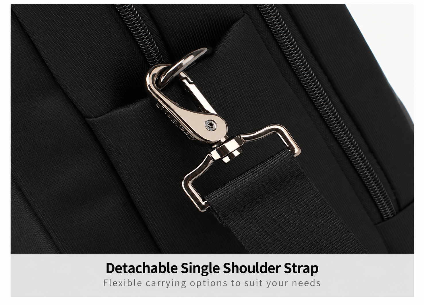 close-up of the detachable single shoulder strap clip