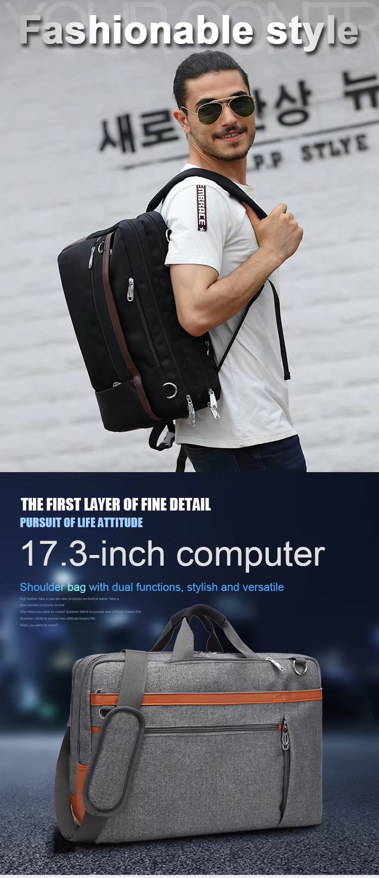 model wearing the bag as a backpack outdoors, plus a 17.3-inch gray briefcase shot