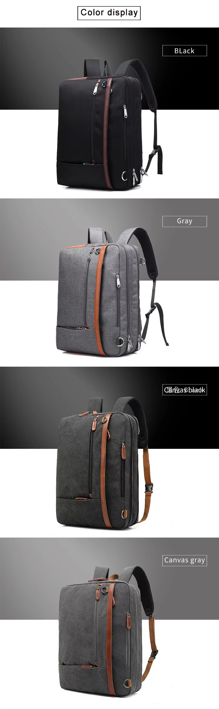four color options: black, gray, canvas black, and canvas gray