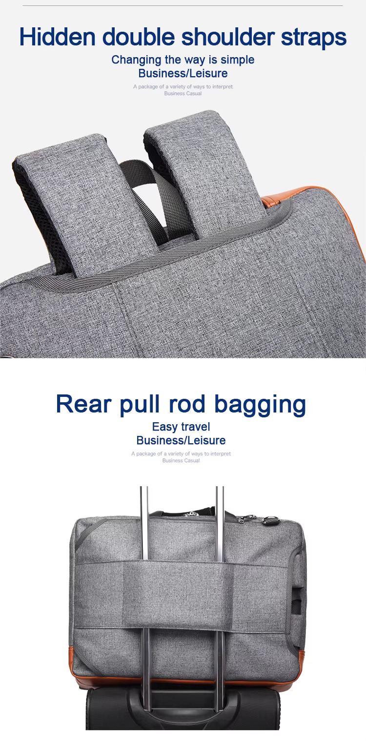 close-up of the hidden double shoulder straps and the rear trolley sleeve over a suitcase handle