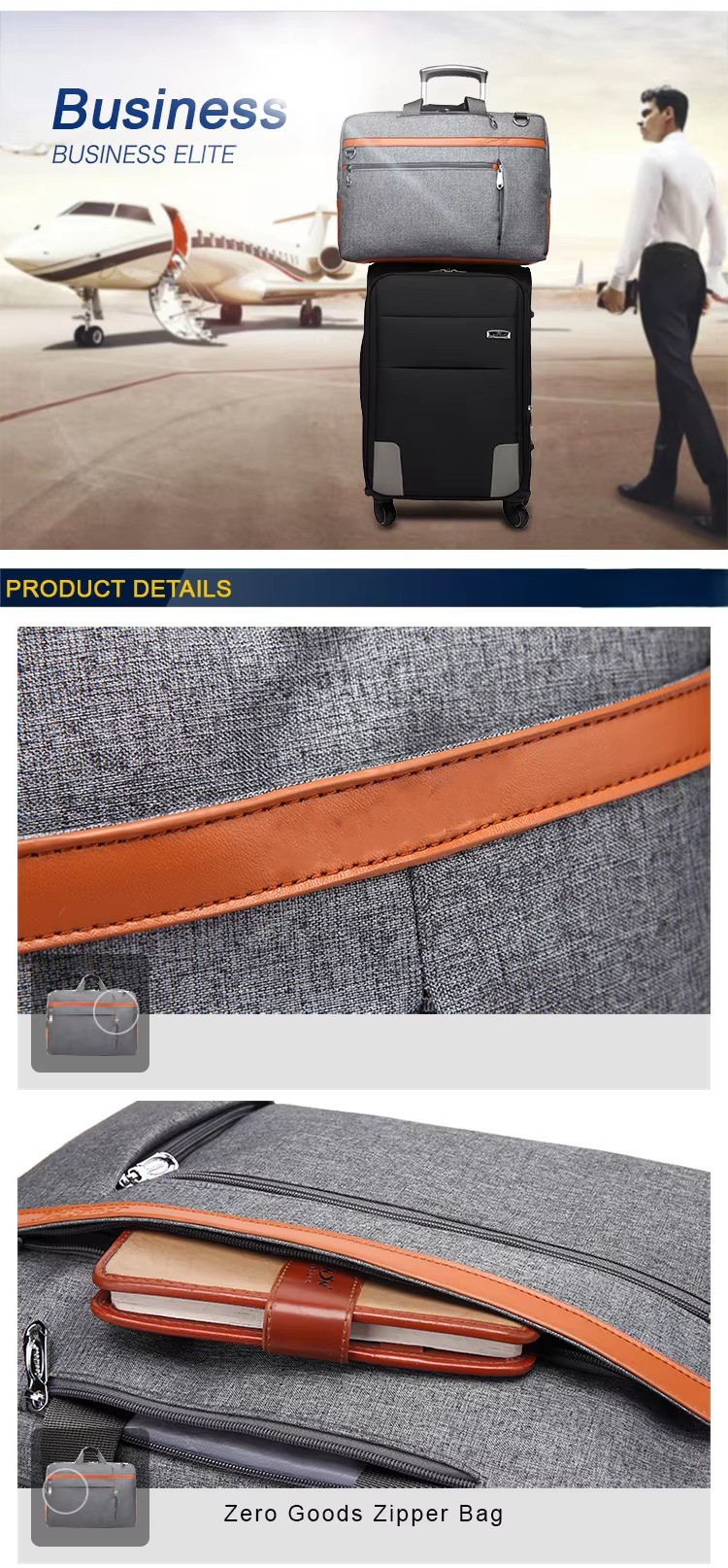 bag stacked on a rolling suitcase at an airport, plus a close-up of the leather trim and a notebook in the front pocket