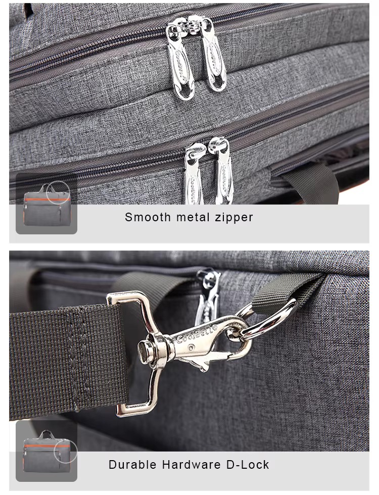 close-up of the metal zipper pulls and D-lock hardware