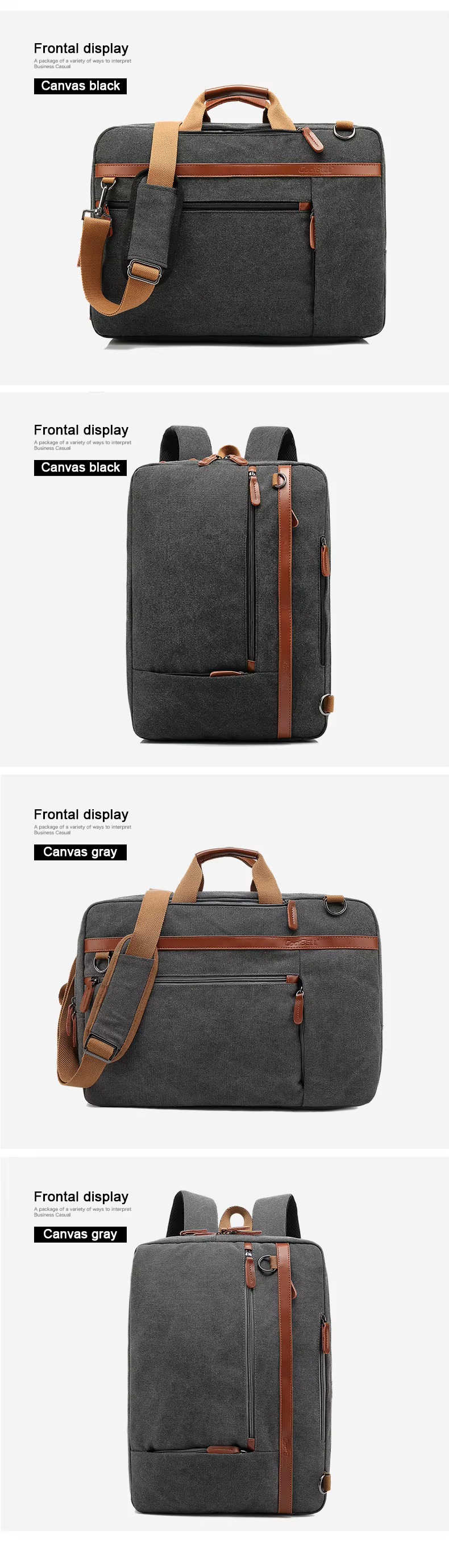 canvas black and canvas gray briefcase and backpack views shown front-on