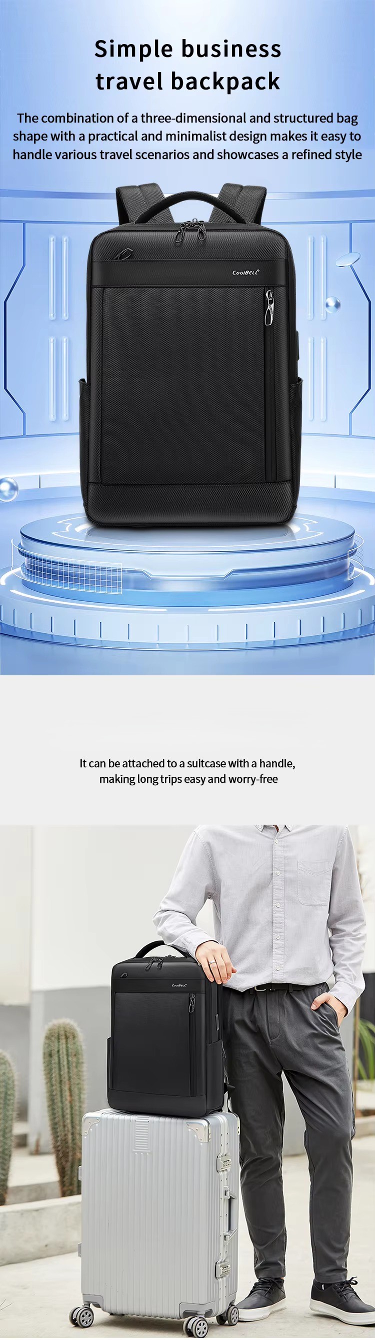 three-dimensional structured backpack on display podium