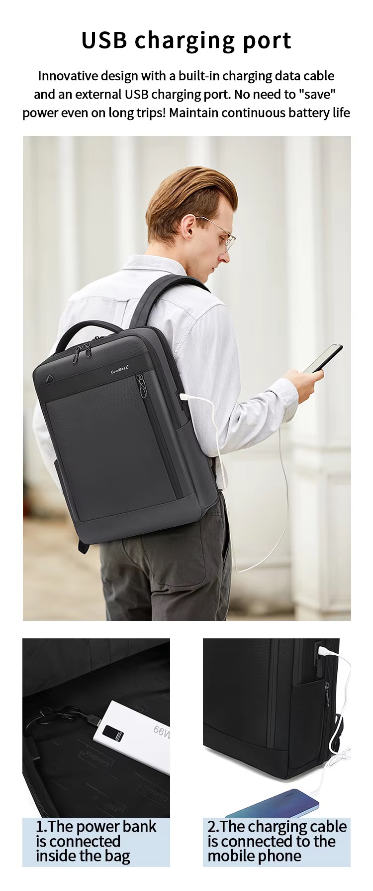 worn on back with phone charging via external USB port